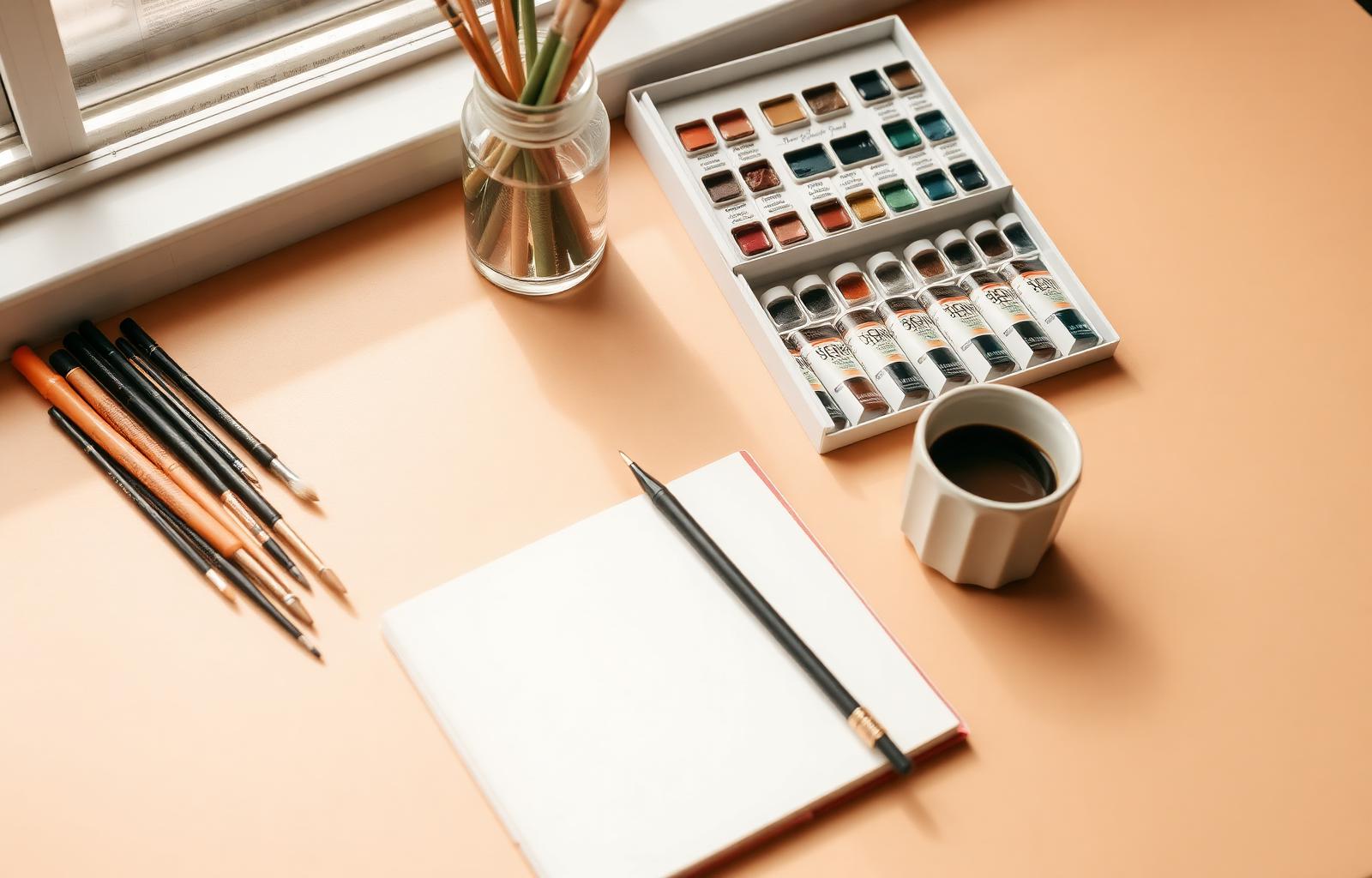 Atelier d'artiste — pinceaux, aquarelle et carnet